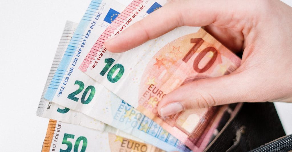 Close-up of a hand holding euro banknotes of different denominations, taken from a black wallet.